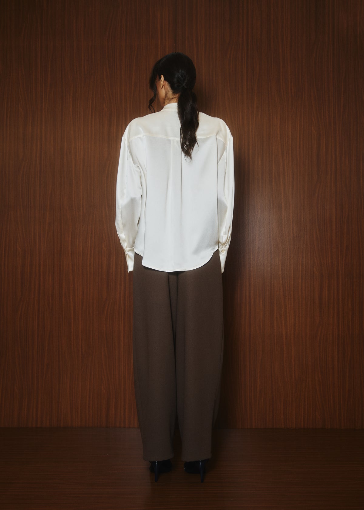 Smocking Shirt in Ivory Satin