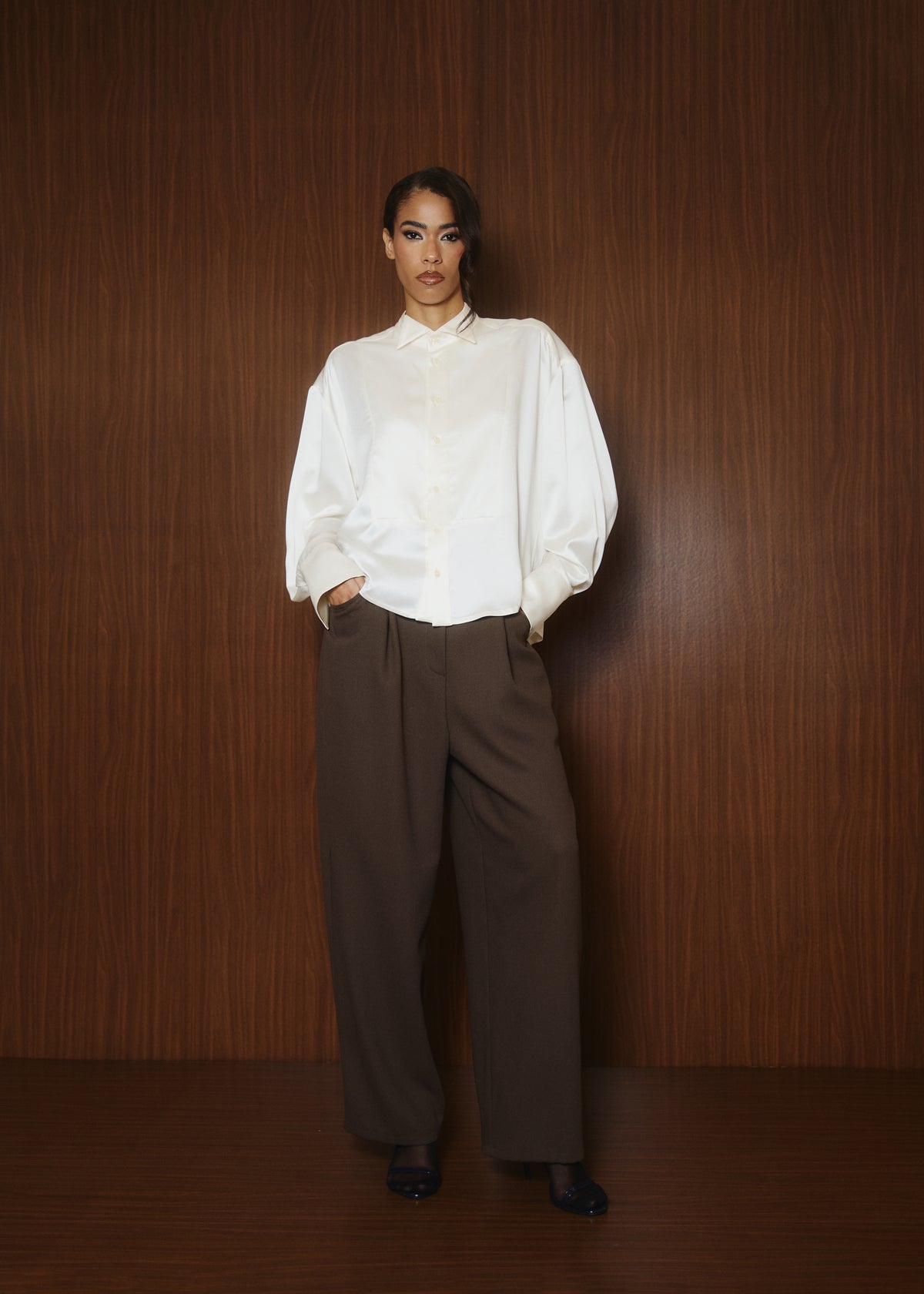 Smocking Shirt in Ivory Satin