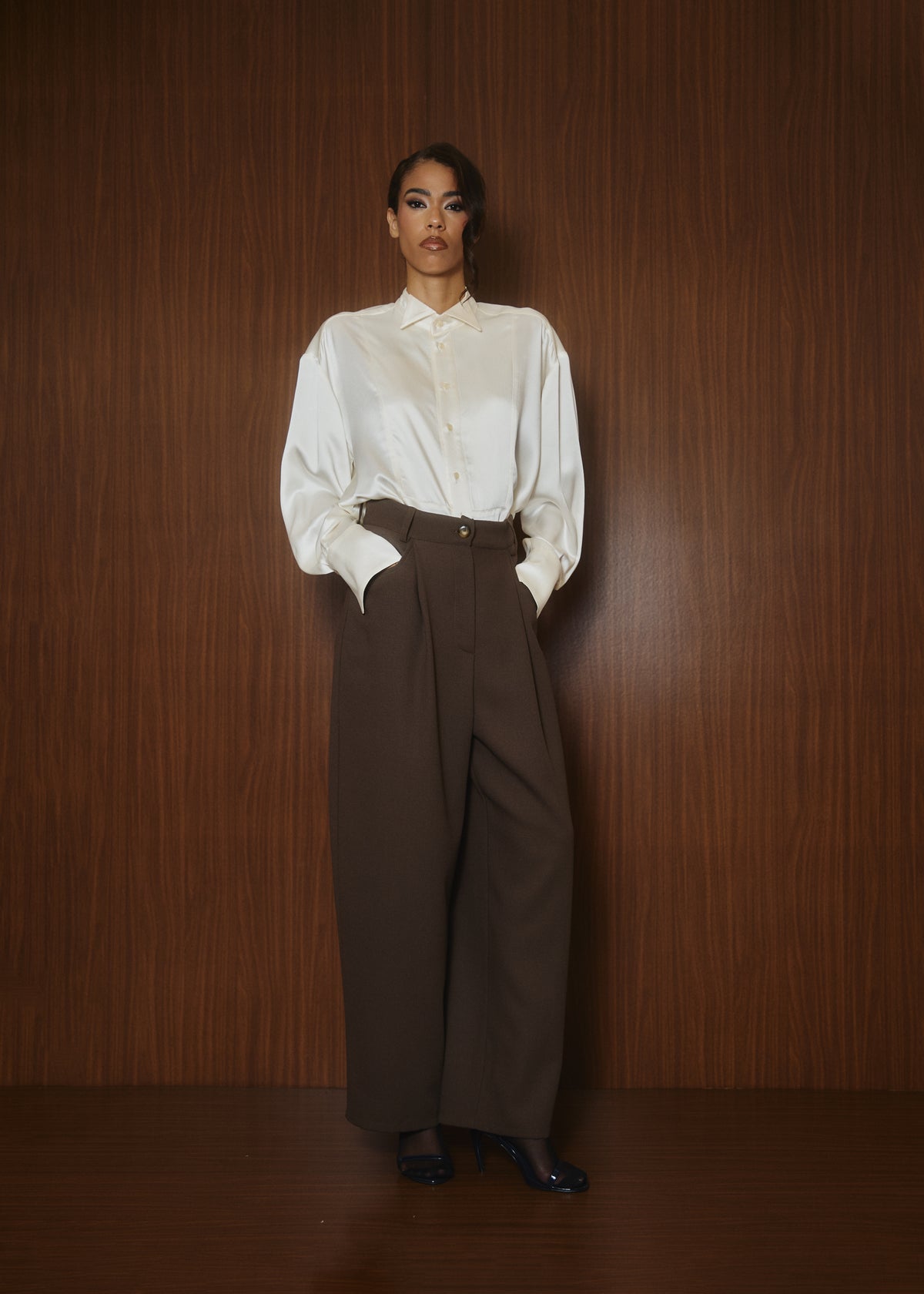 Smocking Shirt in Ivory Satin